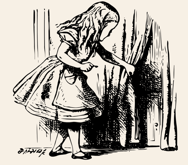 Illustration of Alice Peeking Behind Curtain.